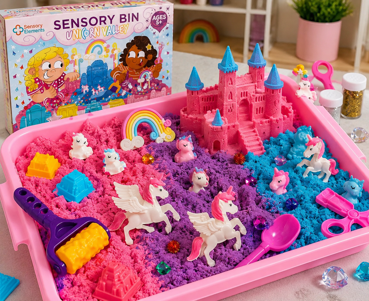 Sensory Bin Unicorn Valley: jucărie senzorială cu nisip kinetic