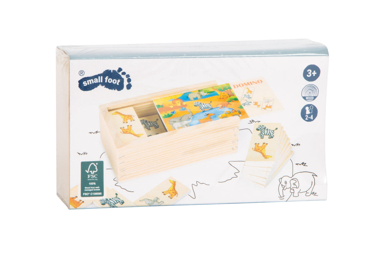 Domino "Safari" – Joc din Lemn Certificat FSC cu Motive de Animale, în Cutie de Lemn, Dezvoltă Răbdarea și Motricitatea, pentru Copii