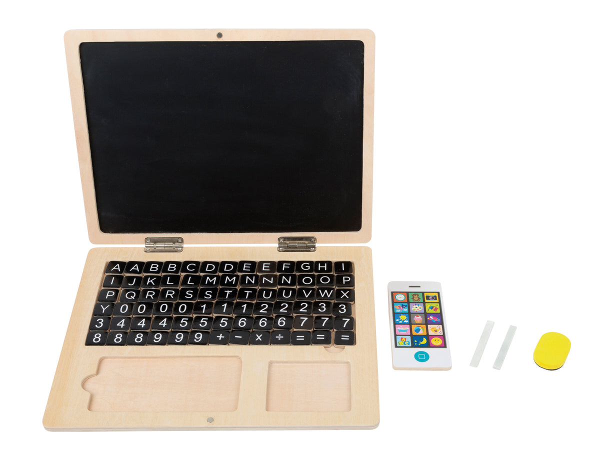 Laptop din Lemn cu Tablă Magnetică – Jucărie Educativă pentru Copii, Include Creta, Smartphone din Lemn, Pliabil și Compact pentru Deplasări
