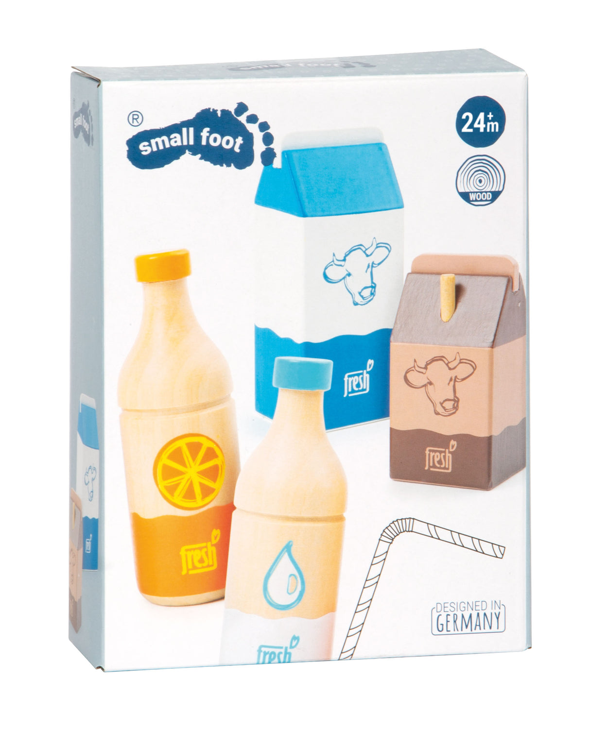 Set Băuturi "Fresh" – 4 Piese din Lemn pentru Magazinul de Joacă al Copiilor, Include Suc de Portocale, Apă, Lapte și Ciocolată