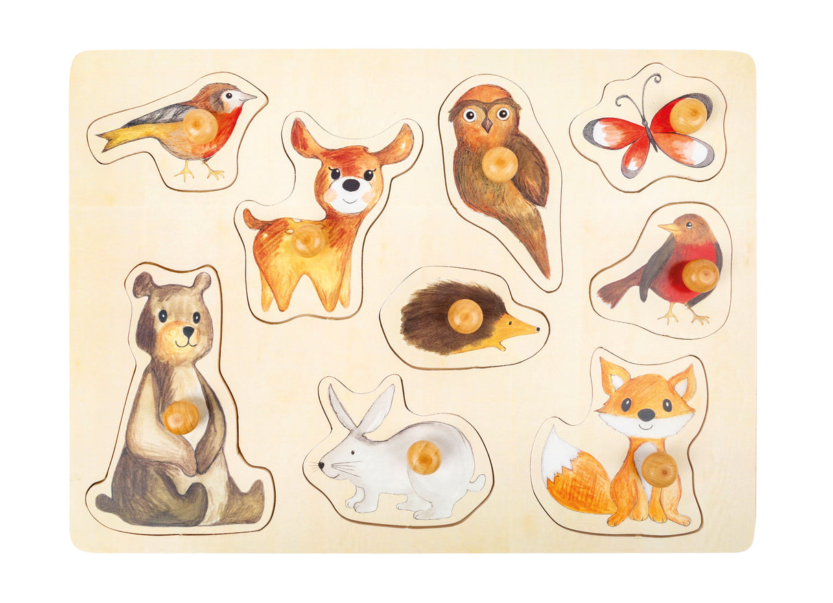 Puzzle Animale din Pădure – Jucărie din Lemn cu 9 Piese cu Buton de Prindere, Dezvoltă Motricitatea Fină și Recunoașterea For