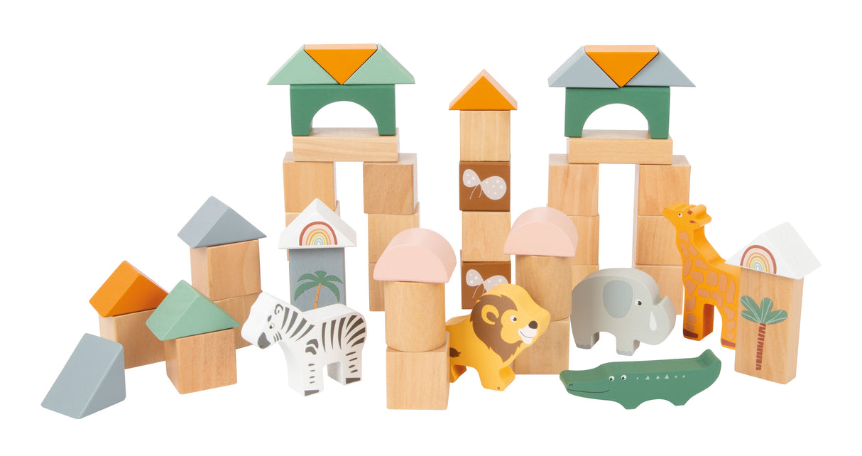 Cuburi de Construcție "Safari" Small Foot – Set 50 Piese din Lemn pentru Copii, cu 5 Animale și Cutie Depozitare, Motive Safa