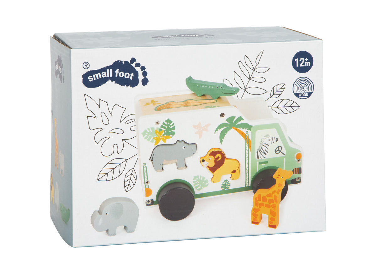 Mașinuță cu Forme de Sortat "Safari" – Jucărie 2-în-1 din Lemn pentru Copii, cu 5 Animale Insertabile, Design Detaliat Safari
