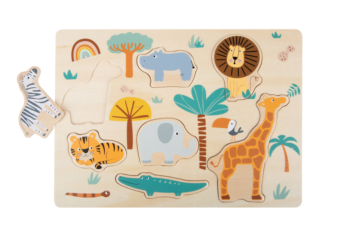 Puzzle "Safari" – Joc din Lemn pentru Copii cu 7 Animale Savană, Piese Mari Ușor de Apucat, Antrenează Răbdarea și Concentrarea