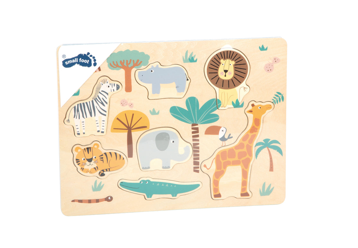 Puzzle "Safari" – Joc din Lemn pentru Copii cu 7 Animale Savană, Piese Mari Ușor de Apucat, Antrenează Răbdarea și Concentrarea