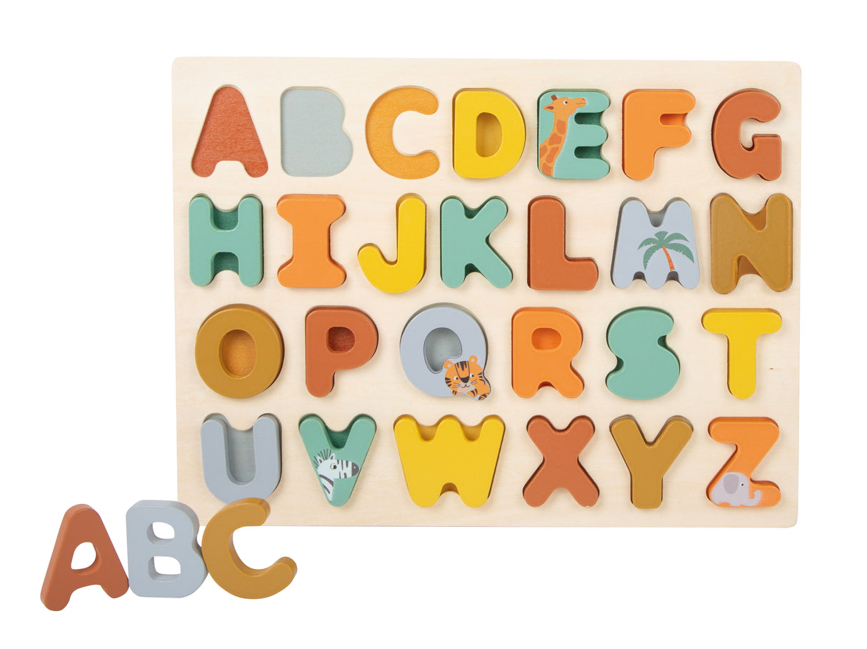 Puzzle ABC "Safari" – Joc din Lemn pentru Învățarea Alfabetului, cu Litere A-Z, Motive Animale, Literele Pot Sta Decorativ