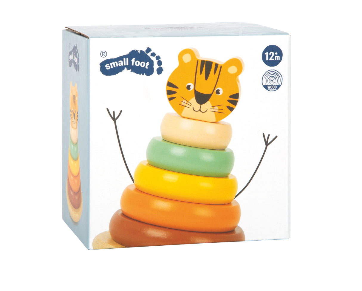Turn de Stivuit Tigru "Safari" – Jucărie de Activitate din Lemn cu 6 Inele Colorate și Cap de Tigru, Dezvoltă Motricitatea
