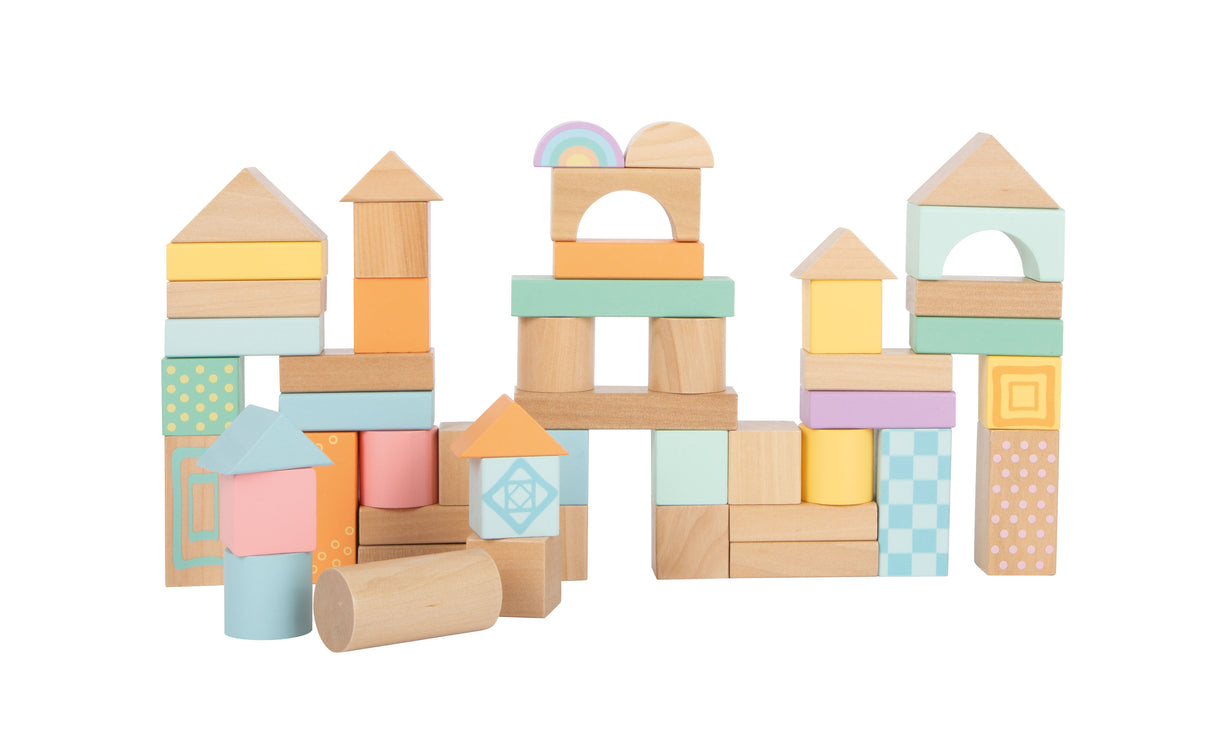 Cuburi de Construcție Pastel – Set 50 Piese din Lemn pentru Copii, Mixaj Lemn Natural și Culori Pastel Delicate, Stimulează Creativitatea