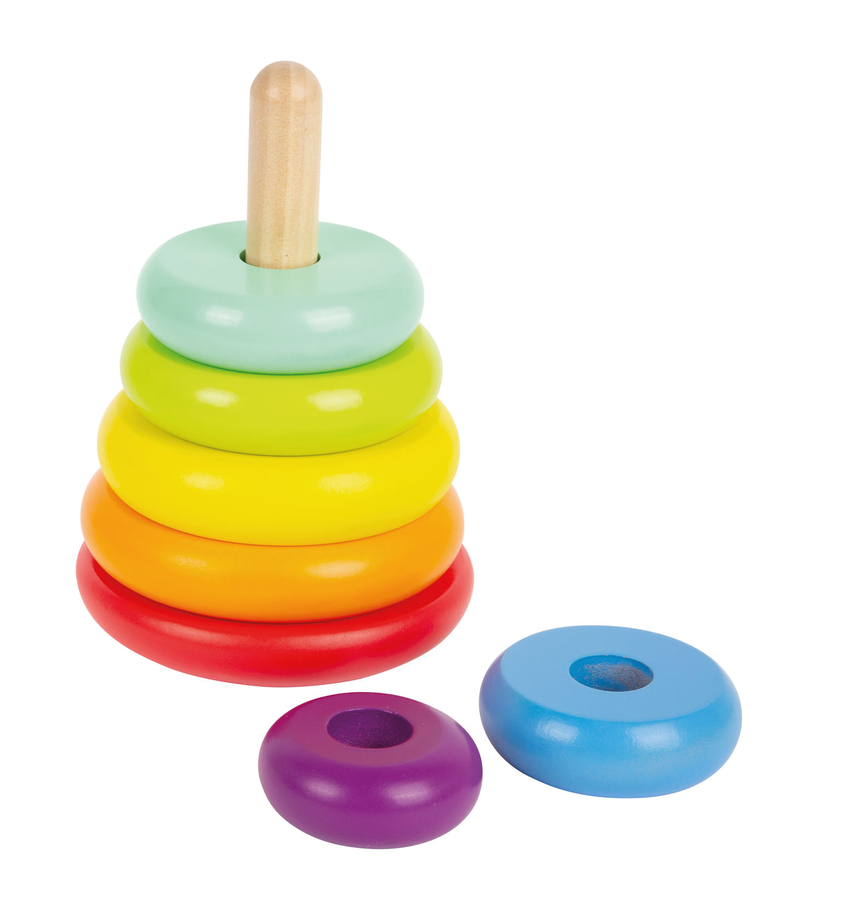 Turn de Stivuit Curcubeu – Jucărie de Activitate din Lemn cu 6 Inele Colorate, Bază care se Leagănă, Premiat spiel gut®