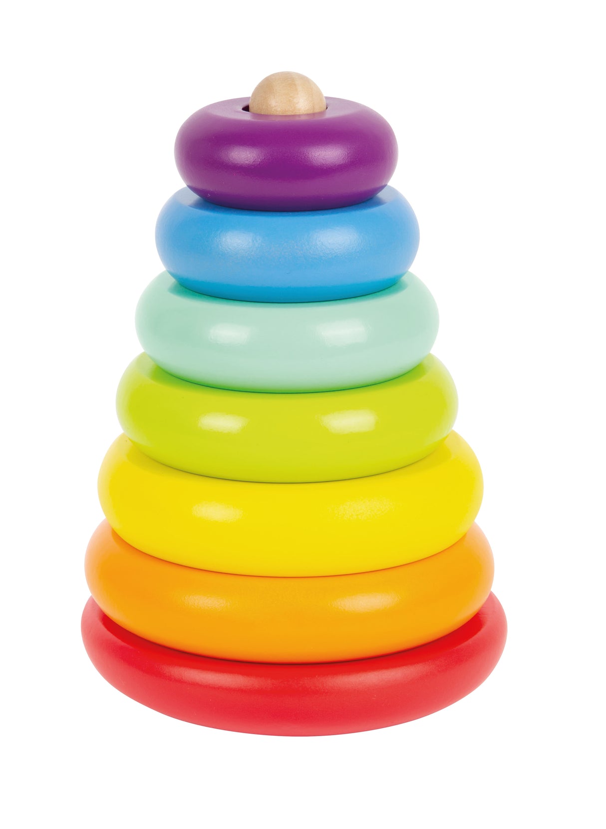 Turn de Stivuit Curcubeu – Jucărie de Activitate din Lemn cu 6 Inele Colorate, Bază care se Leagănă, Premiat spiel gut®