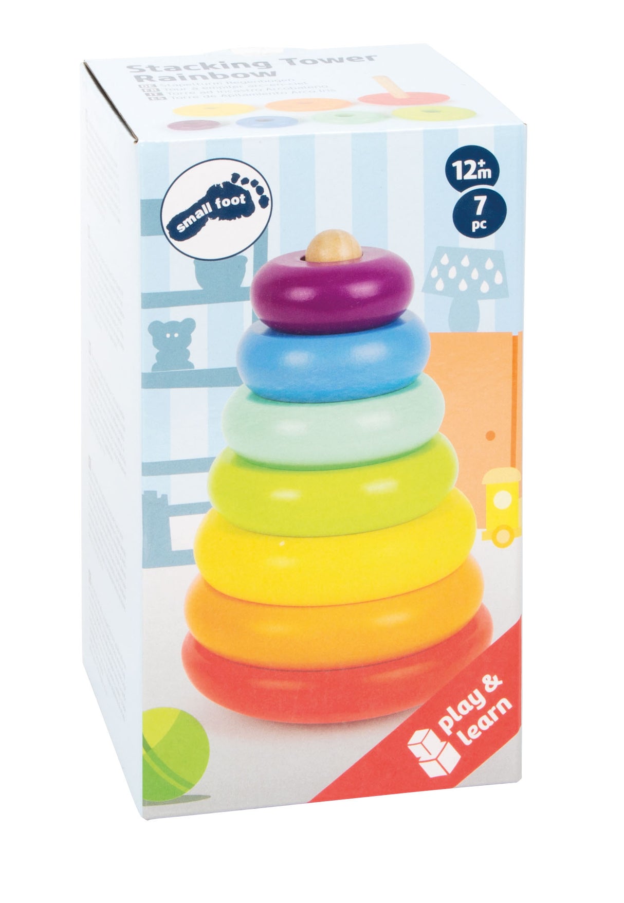 Turn de Stivuit Curcubeu – Jucărie de Activitate din Lemn cu 6 Inele Colorate, Bază care se Leagănă, Premiat spiel gut®