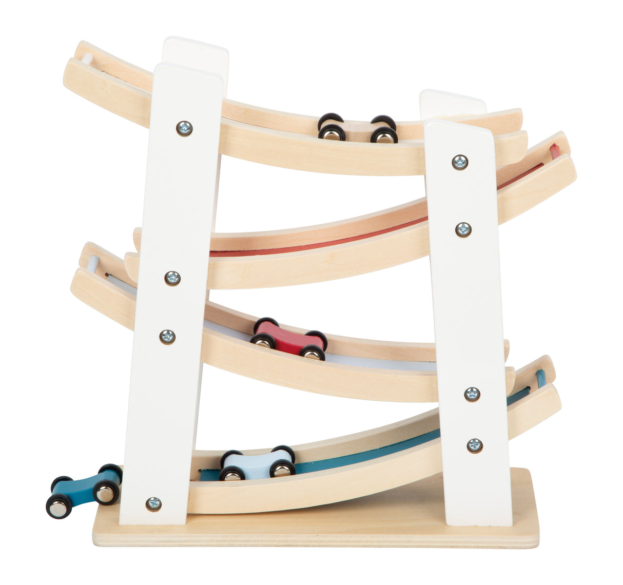 Pistă de Raliuri Clasică Small Foot – Circuit din Lemn pentru Copii cu 4 Rampe și 4 Mașinuțe Colorate, Antrenează Motricitate