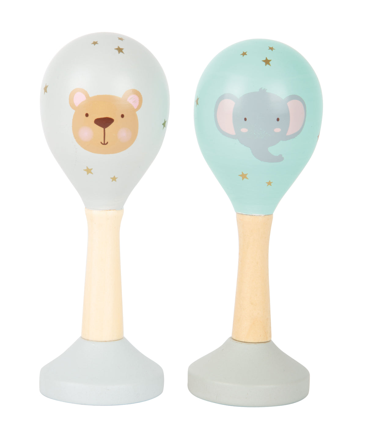 Zornăitoare Muzicale Pastel – Set 2 Instrumente de Percuție din Lemn pentru Bebeluși, cu Motive Animale și Culori Pastel, Ideale pentru Educația Muzicală Timpurie