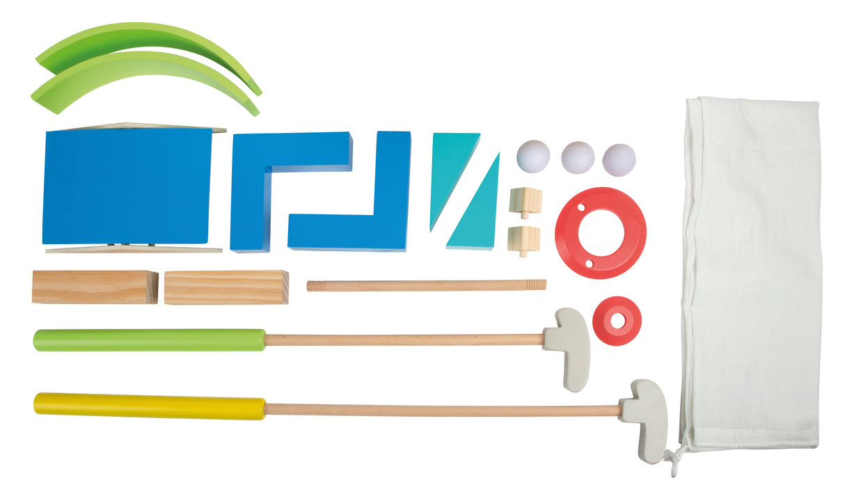 Set Minigolf "Active" – Joc din Lemn Masiv pentru Copii, 3 Crose de Dimensiuni Diferite, Bile Soft, Obstacole și Traseu Ajustabil