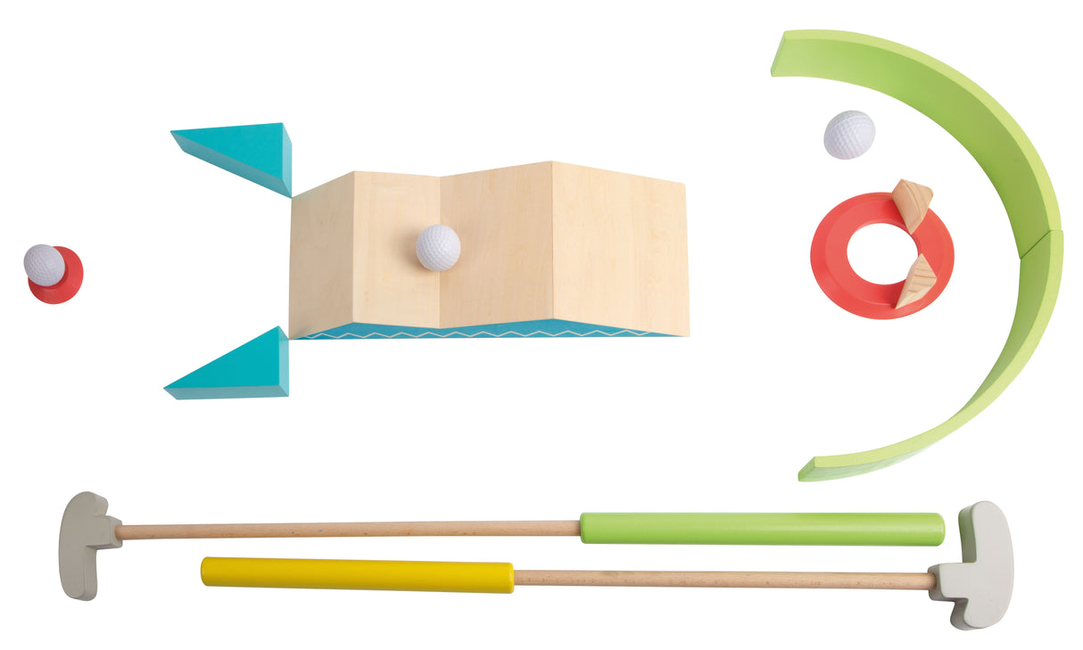 Set Minigolf "Active" – Joc din Lemn Masiv pentru Copii, 3 Crose de Dimensiuni Diferite, Bile Soft, Obstacole și Traseu Ajustabil