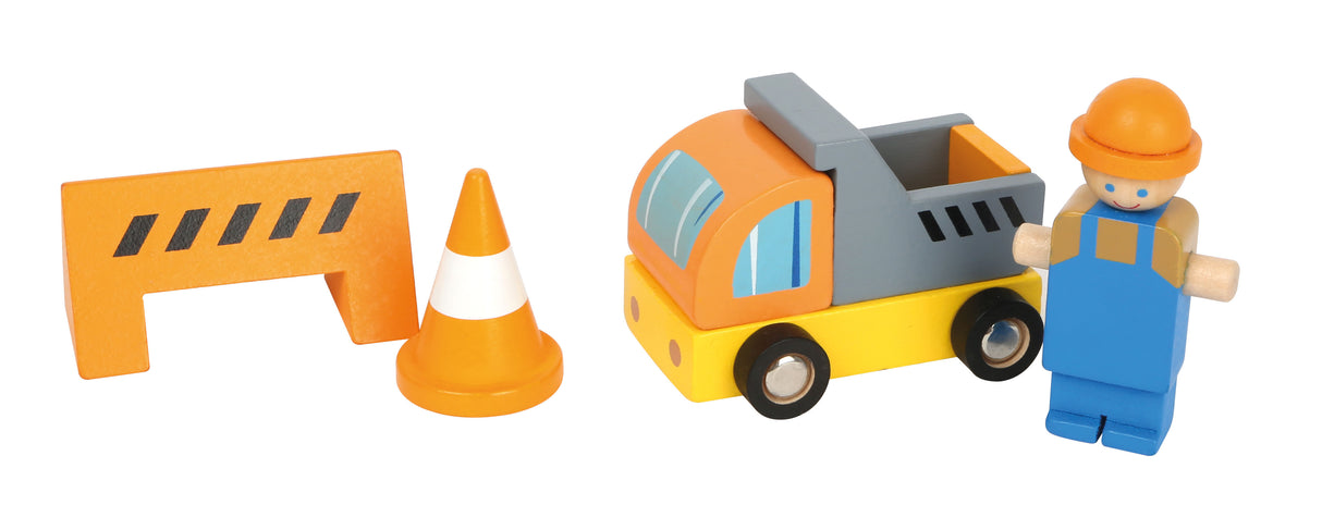 Macara cu Accesorii Șantier – Set Complet din Lemn pentru Copii, Rotire 360°, Braț Mobil cu Cârlig, Muncitori și Semne, Joc Constructor