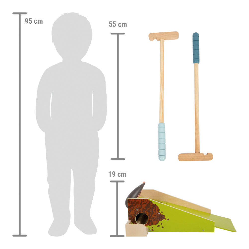 Set Minigolf Cârtiță pentru Copii – Joc din Lemn cu Mecanism de Apariție, 2 Crose de Dimensiuni Copii, 2 Bile și Rampă