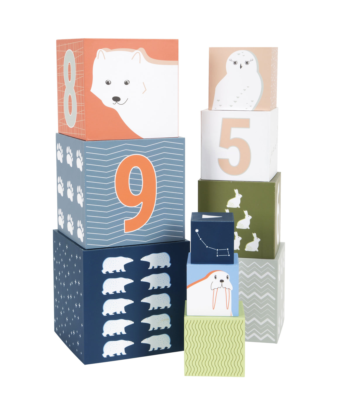 Cuburi de Stivuit "Arctic" – Set de 10 Cuburi din Carton Certificat FSC cu Animale Polare, Numere și Culori, Jucărie de Activitate