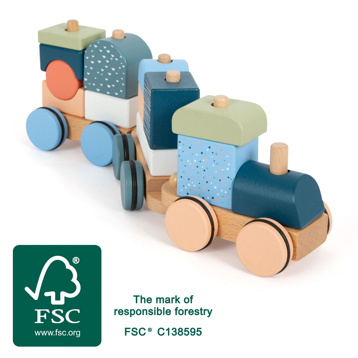 Trenuleț "Arctic" FSC 100% Small Foot – Jucărie 2-în-1 din Lemn Certificat pentru Copii, cu Piese de Stivuit și Forme de Sort