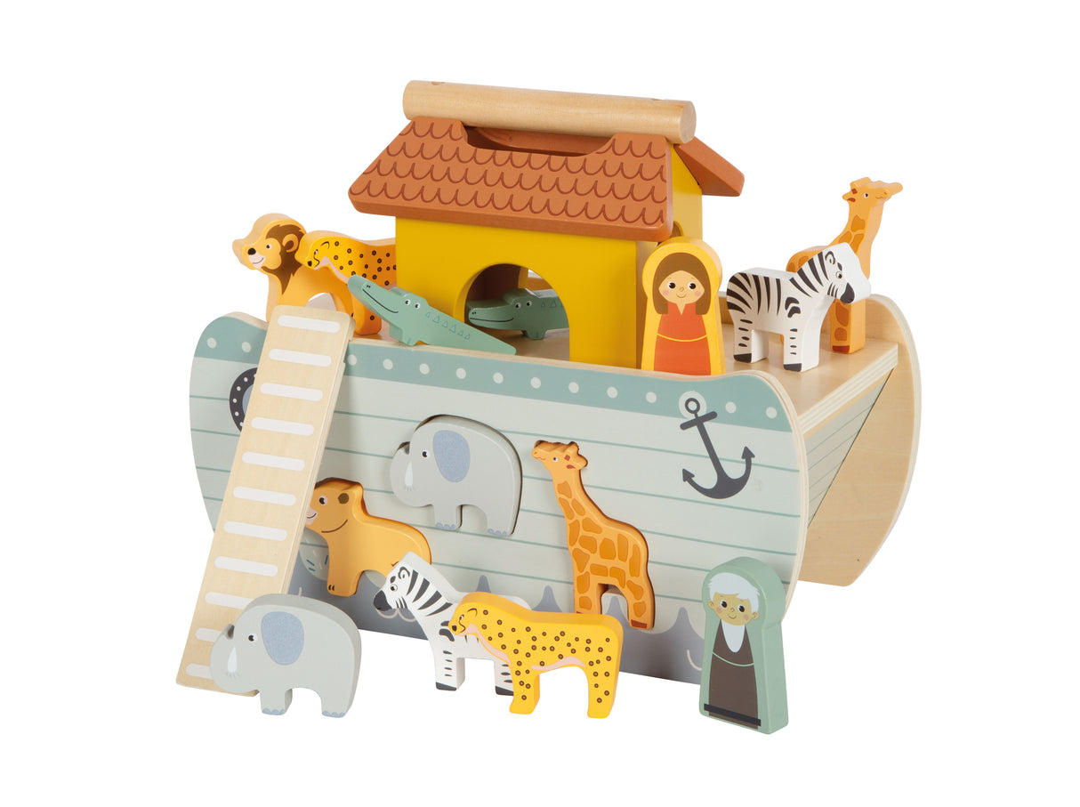 Arca lui Noe Joc cu Forme "Safari" – Jucărie 2-în-1 din Lemn pentru Copii, Vapor cu Mâner și Capac, 15 Figurine Detaliate, Animale în Perechi