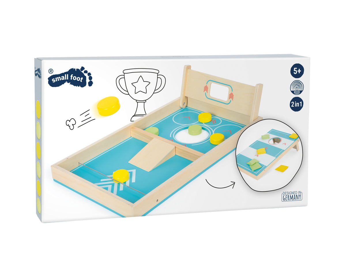 Joc Cornhole și Sling Puck "Active" – Joc 2-în-1 din Lemn cu Tablă Dublă Față, Accesorii Incluse, Potrivit pentru Toate Vârstele