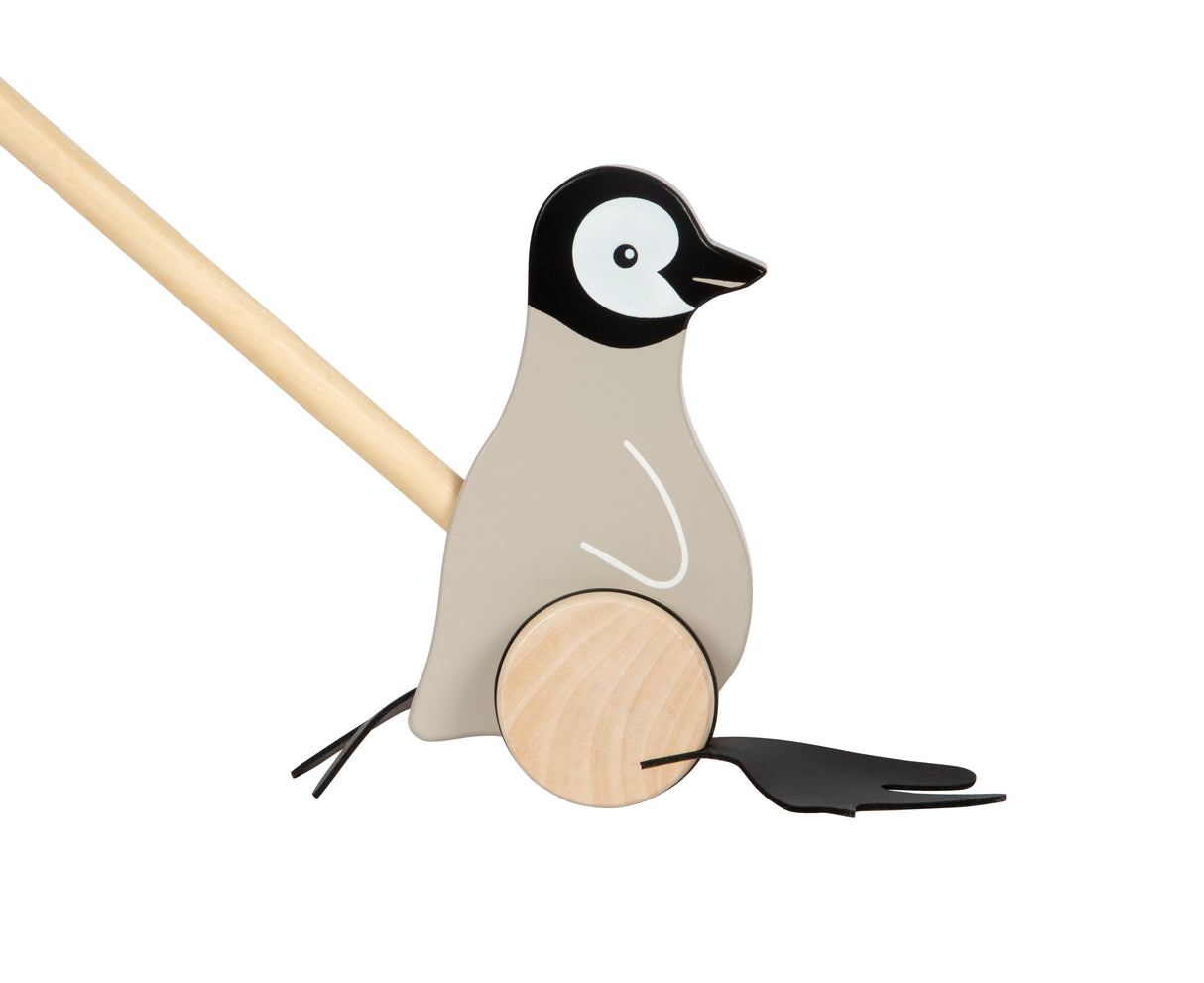 Pinguin de Împins FSC 100% – Jucărie din Lemn Certificat pentru Învățarea Mersului, cu Picioare Legănate și Sunete, Roți de Cauciuc