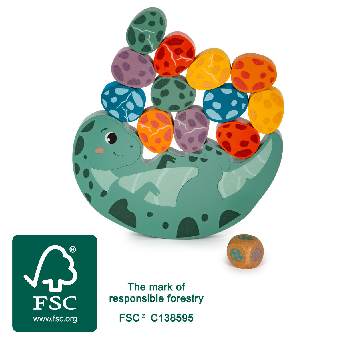 Joc de Echilibru "Dino" FSC 100% Small Foot – Joc de Societate din Lemn Certificat, 12 Ouă Dinozauri, Include Zar, Distracție