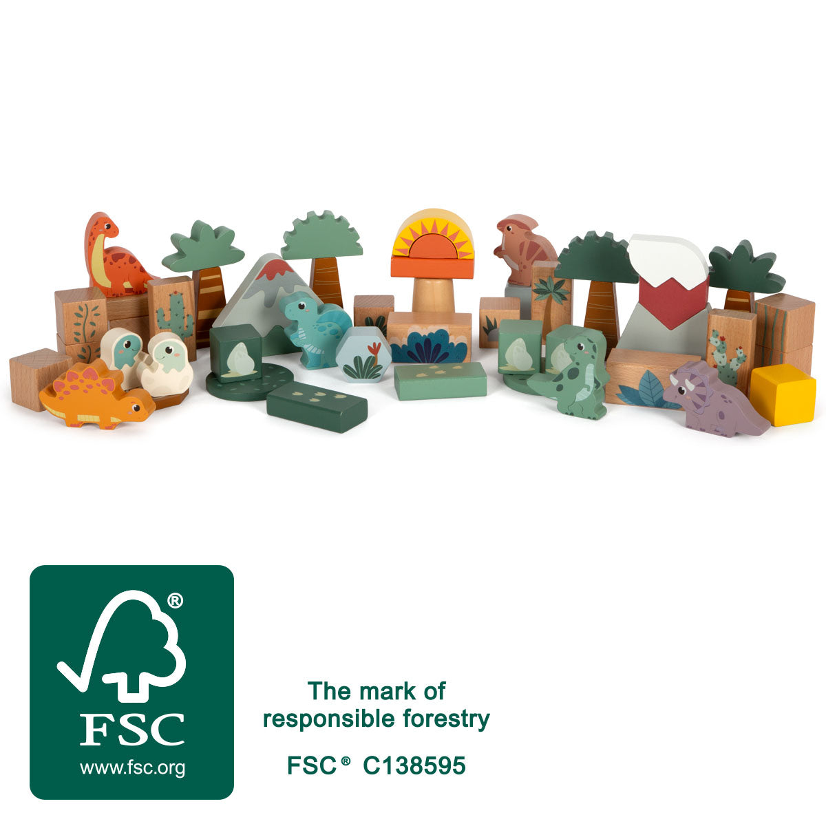 Cuburi de Construcție "Dino" FSC 100% Small Foot – Set 50 Piese din Lemn Certificat, 6 Figurine Dinozauri T-Rex, Stegozaur, T