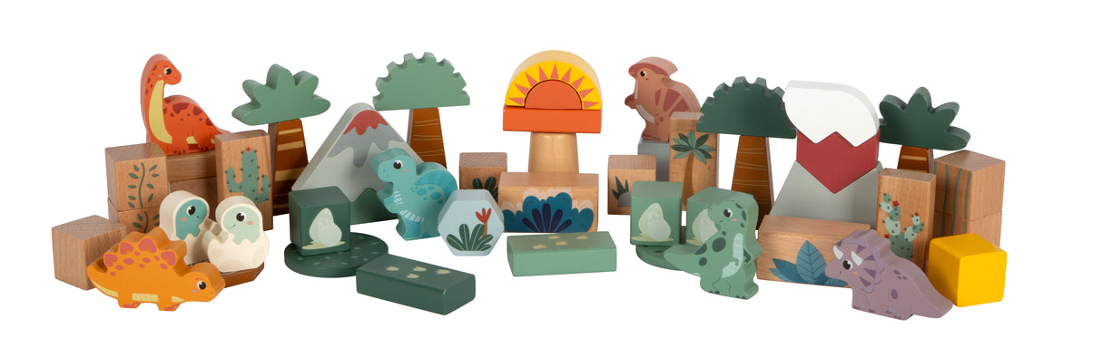 Cuburi de Construcție "Dino" FSC 100% – Set 50 Piese din Lemn Certificat, 6 Figurine Dinozauri T-Rex, Stegozaur, Triceratops