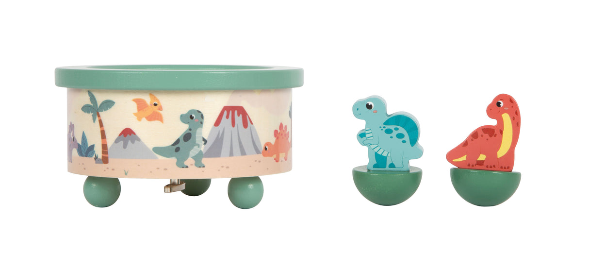 Cutiuță Muzicală "Dino" FSC 100% – Jucărie din Lemn Certificat pentru Copii, cu Figurine Dinozauri Magnetice și Melodia Valsul Caruselului