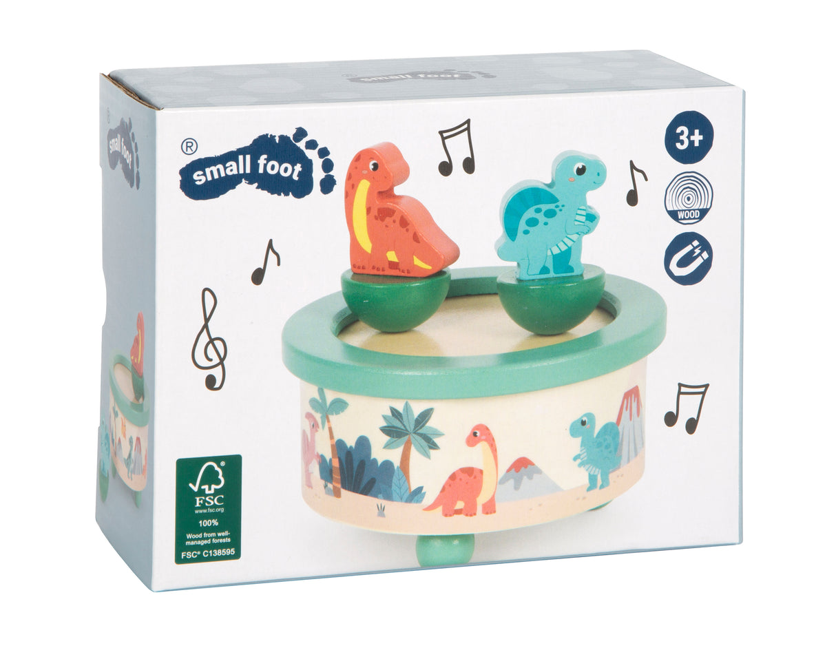 Cutiuță Muzicală "Dino" FSC 100% – Jucărie din Lemn Certificat pentru Copii, cu Figurine Dinozauri Magnetice și Melodia Valsul Caruselului