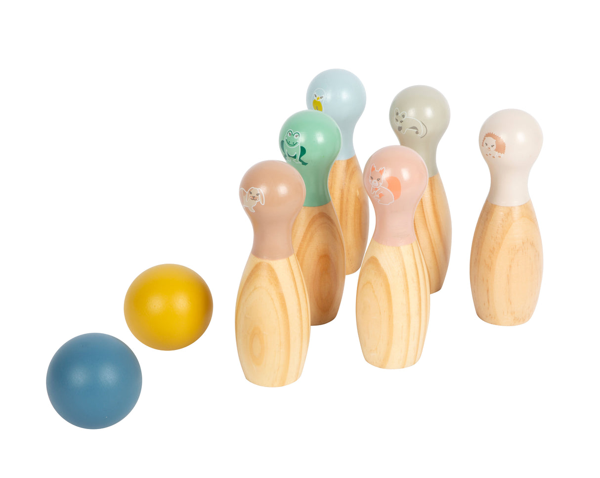 Joc Bowling "Garden Buddies" – Set din Lemn cu 6 Popice și 2 Bile, Animale Grădină, Sacoșă de Transport, Pentru Interior și Exterior