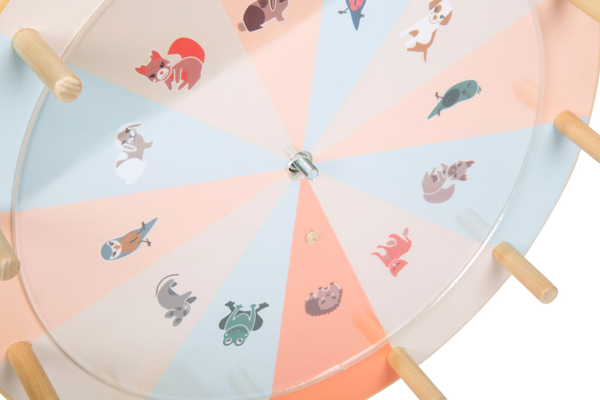 Roata Norocului "Garden Buddies" – Joc din Lemn cu Panou Plexiglass Scrisibil, 2 Discuri cu Animale și Numere, Ideal Petreceri