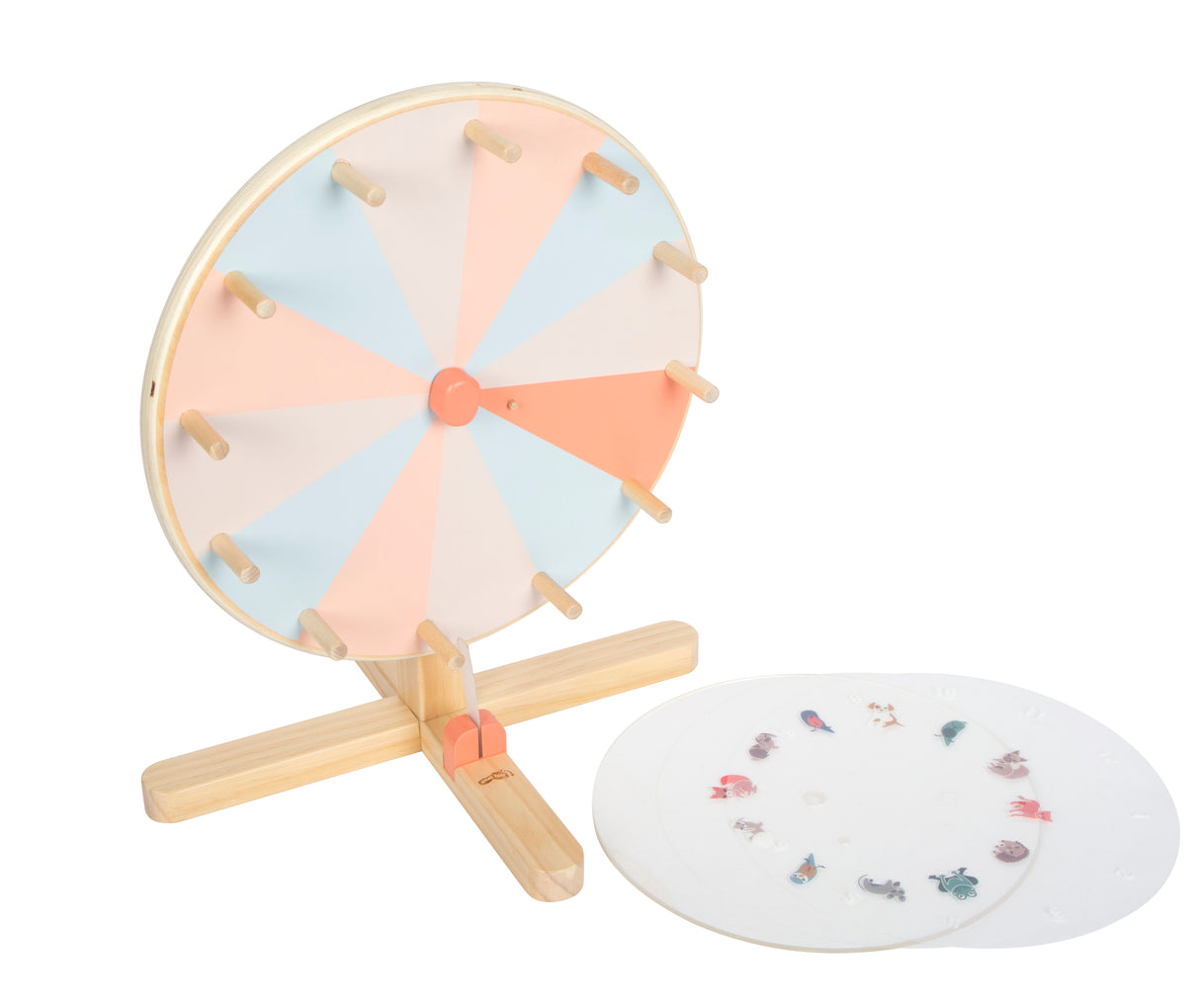 Roata Norocului "Garden Buddies" – Joc din Lemn cu Panou Plexiglass Scrisibil, 2 Discuri cu Animale și Numere, Ideal Petreceri