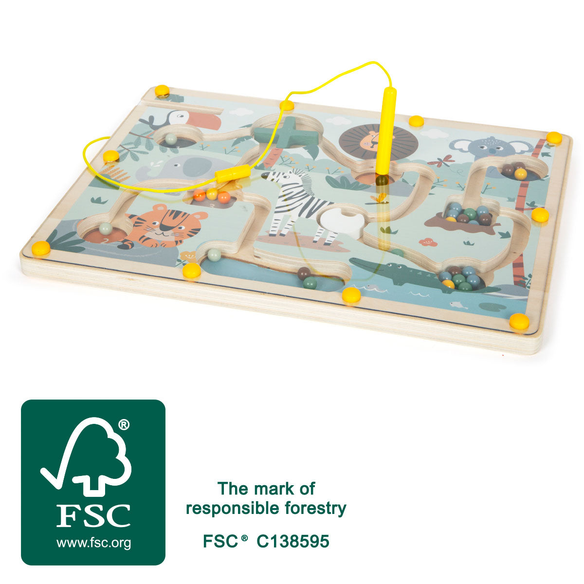 Labirint Magnetic "Safari" FSC 100% Small Foot – Joc Educativ din Lemn Certificat cu Pix Magnetic, 28 Bile Colorate, Numere ș