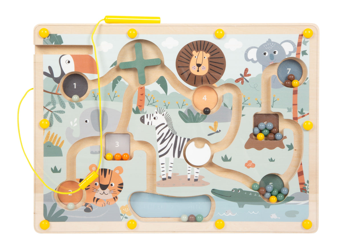 Labirint Magnetic "Safari" FSC 100% – Joc Educativ din Lemn Certificat cu Pix Magnetic, 28 Bile Colorate, Numere și Obstacole