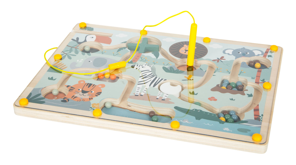 Labirint Magnetic "Safari" FSC 100% – Joc Educativ din Lemn Certificat cu Pix Magnetic, 28 Bile Colorate, Numere și Obstacole