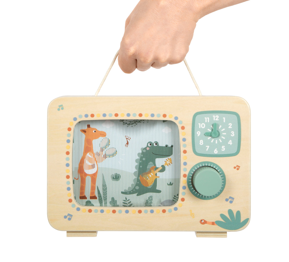 Cutiuță Muzicală Televizor "Safari" FSC 100% – Jucărie din Lemn Certificat cu Buton Rotativ, Animale Safari Muzicale, Ceas și Mâner