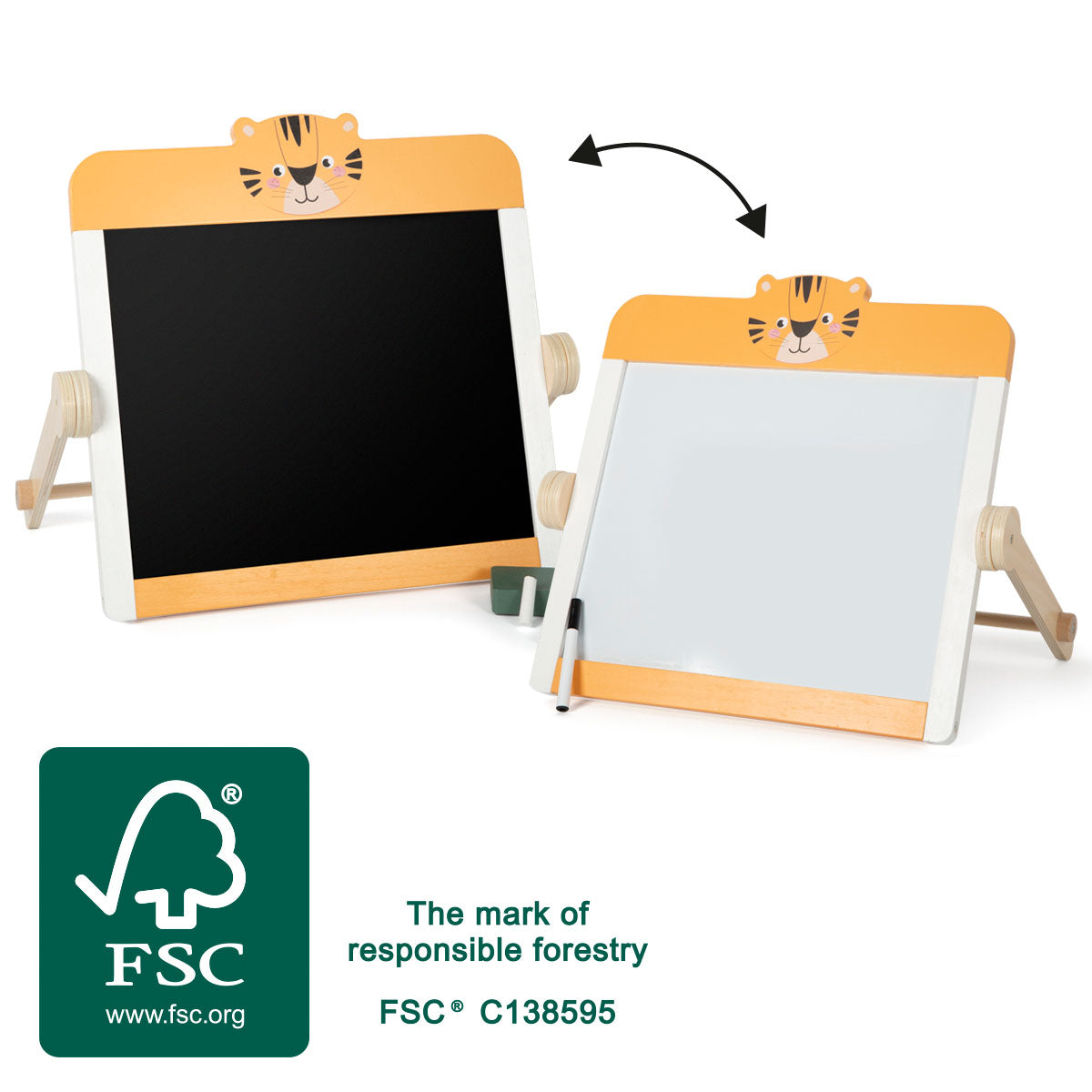 Tablă Creta și Whiteboard "Safari" FSC 100% Small Foot – Jucărie 2-în-1 din Lemn Certificat pentru Copii, Cu Cretă, Marker și
