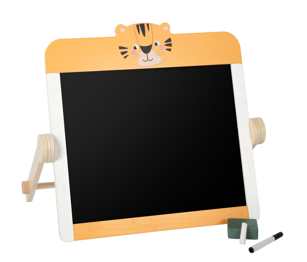Tablă Creta și Whiteboard "Safari" FSC 100% – Jucărie 2-în-1 din Lemn Certificat pentru Copii, Cu Cretă, Marker și Burete, Design Tigru