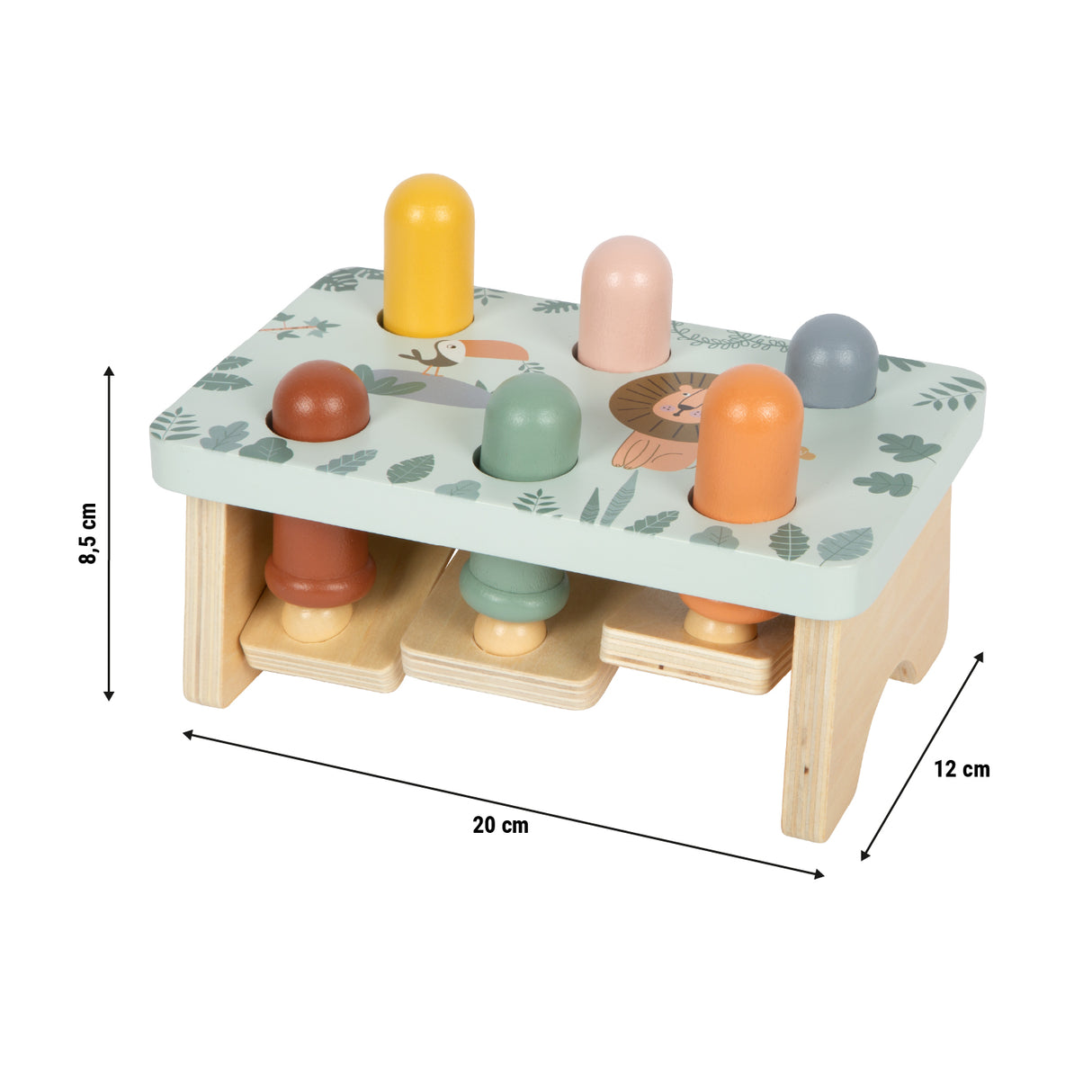 Banc de Ciocănit "Safari" FSC 100% – Jucărie din Lemn Certificat cu Ciocănel Robust, Bețișoare Mobile și Motive cu Animale din Savană