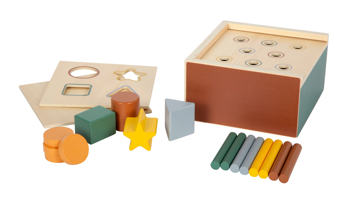 Joc de Potrivire a Formelor Montessori – Cutie din Lemn Certificat FSC cu 3 Capace și Piese de Introdus, Dezvoltă Motricitatea Fină
