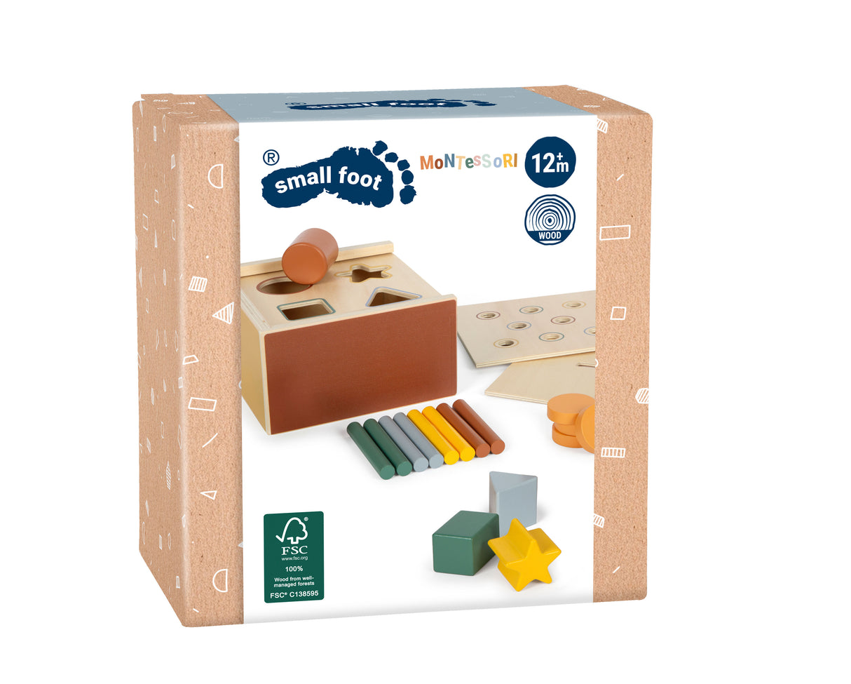 Joc de Potrivire a Formelor Montessori – Cutie din Lemn Certificat FSC cu 3 Capace și Piese de Introdus, Dezvoltă Motricitatea Fină