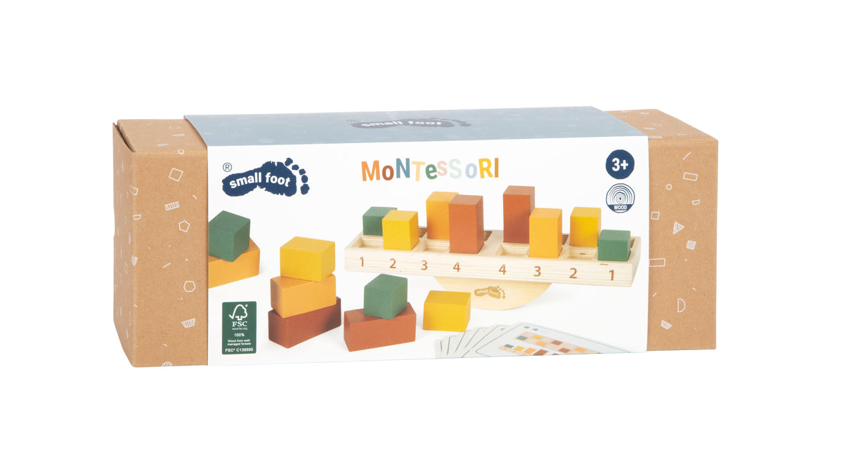 Joc de Echilibru Montessori – Jucărie Educativă din Lemn Certificat FSC, cu Balansoar, 16 Cuburi Colorate și Cartonașe Model