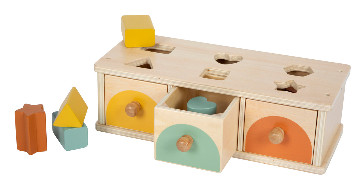 Joc de Sortare Montessori – Cutie din Lemn Certificat FSC cu 3 Sertare Colorate și 6 Forme, pentru Sortat, Potrivit și Învățat Culori