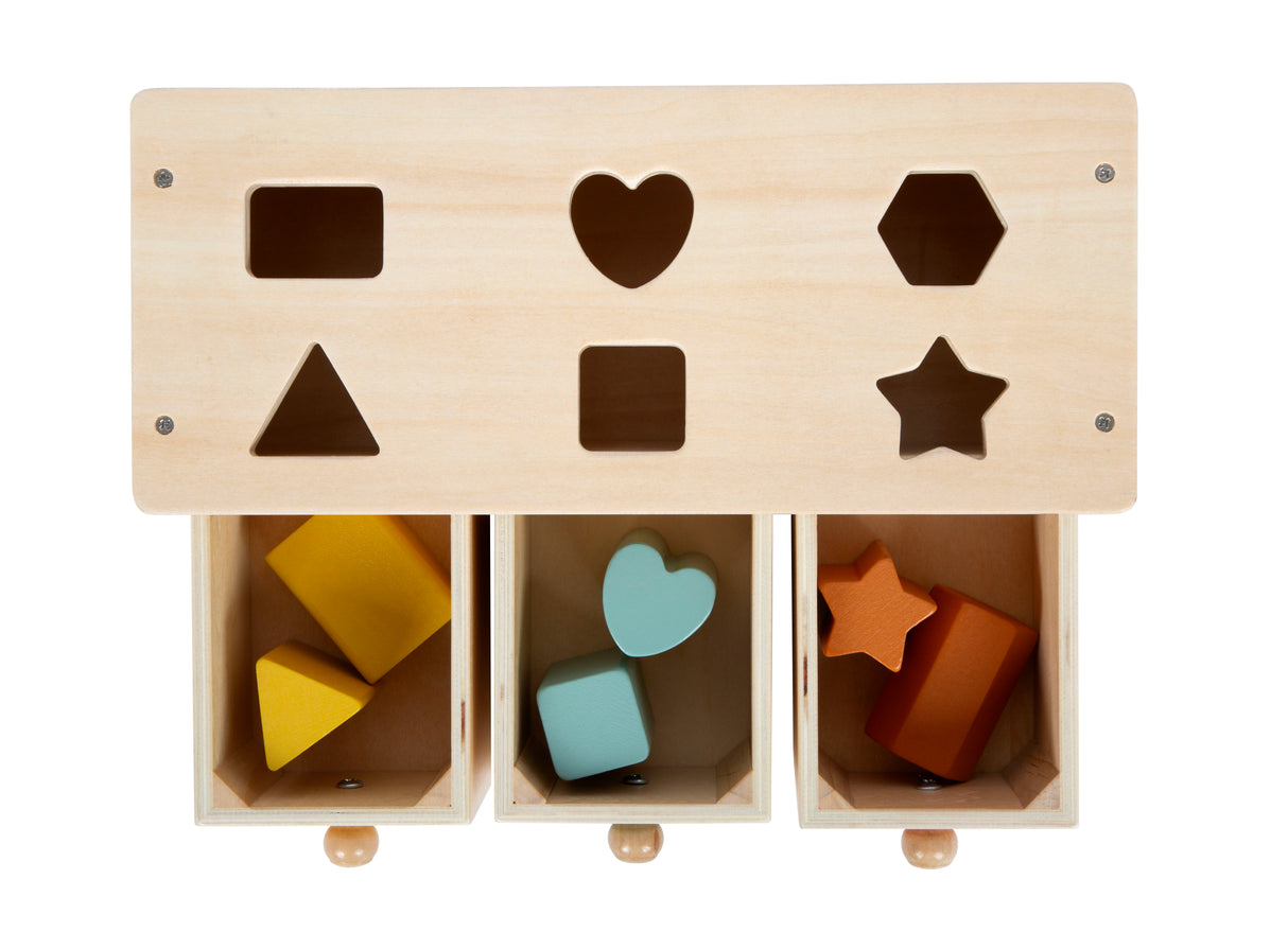 Joc de Sortare Montessori – Cutie din Lemn Certificat FSC cu 3 Sertare Colorate și 6 Forme, pentru Sortat, Potrivit și Învățat Culori