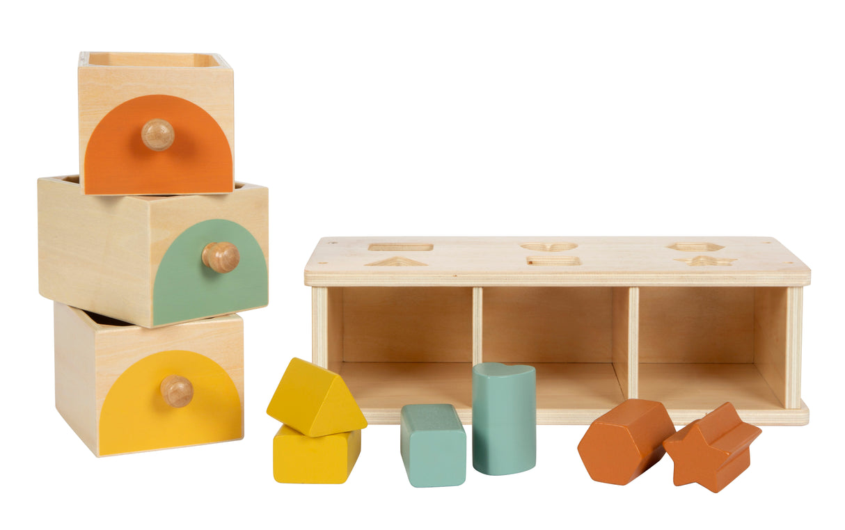 Joc de Sortare Montessori – Cutie din Lemn Certificat FSC cu 3 Sertare Colorate și 6 Forme, pentru Sortat, Potrivit și Învățat Culori