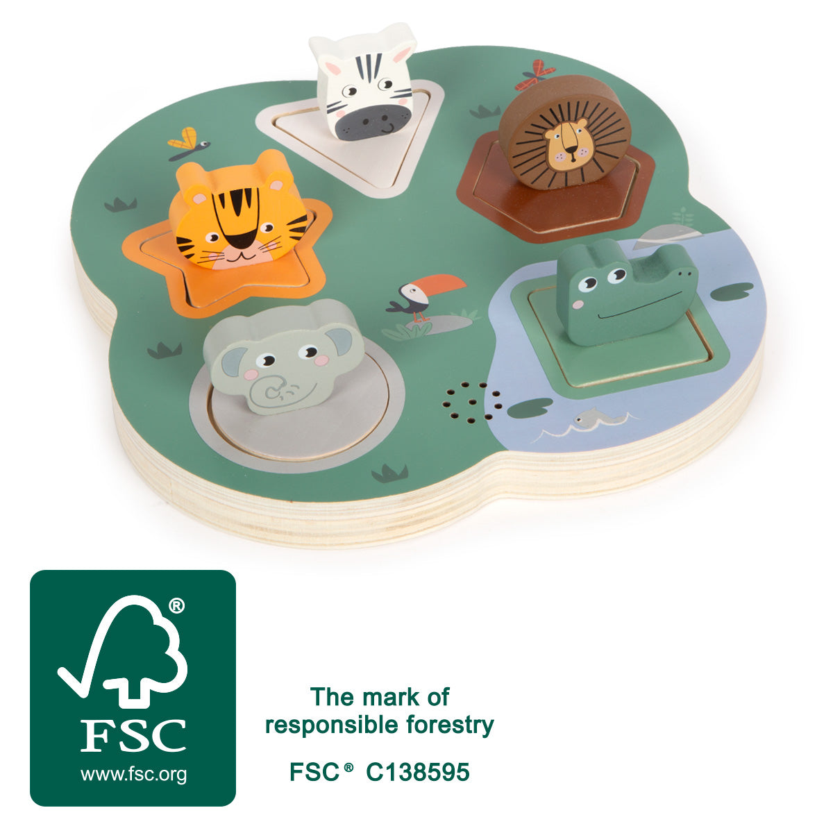 Puzzle 3D cu Sunete de Animale "Safari" – Puzzle Interactiv din Lemn Certificat FSC, 5 Animale cu Sunete Caracteristice și Fo