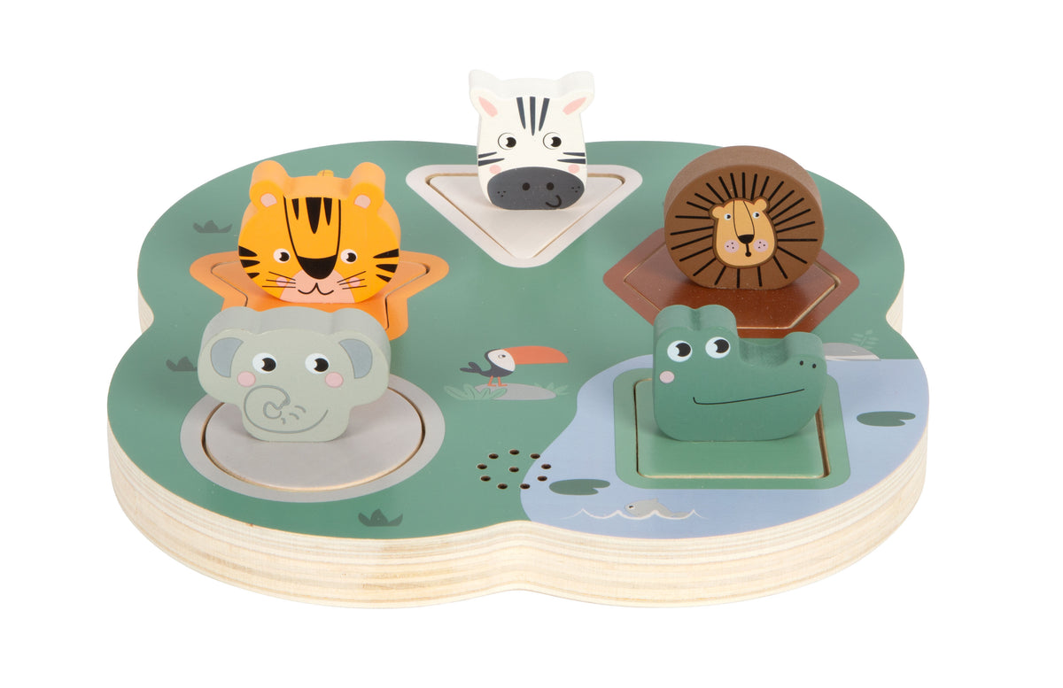 Puzzle 3D cu Sunete de Animale "Safari" – Puzzle Interactiv din Lemn Certificat FSC, 5 Animale cu Sunete Caracteristice și Forme Geometrice, pentru Bebeluși