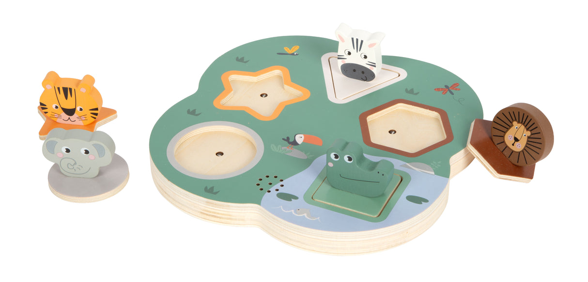 Puzzle 3D cu Sunete de Animale "Safari" – Puzzle Interactiv din Lemn Certificat FSC, 5 Animale cu Sunete Caracteristice și Forme Geometrice, pentru Bebeluși